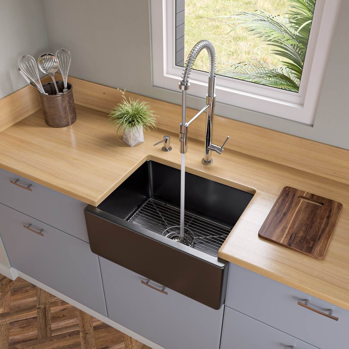 ALFI brand AB2418HS 24 Inch Reversible Smooth / Fluted Single Bowl Fireclay Farm Sink view 1