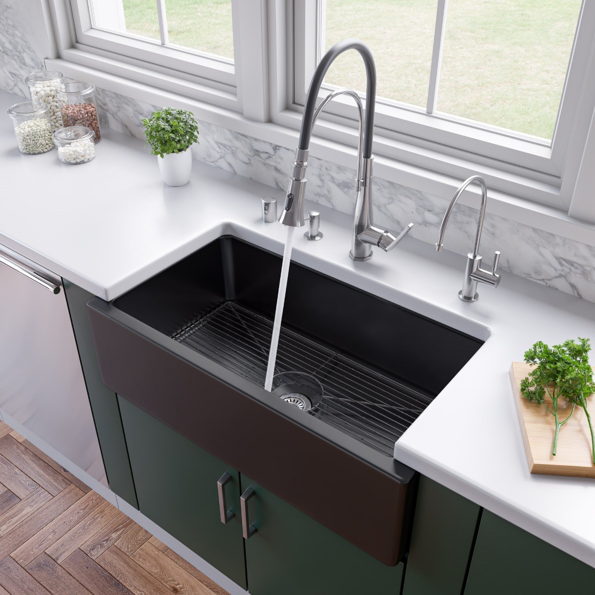 ALFI brand AB3318HS Reversible Fluted / Smooth Fireclay Farm Sink view 1
