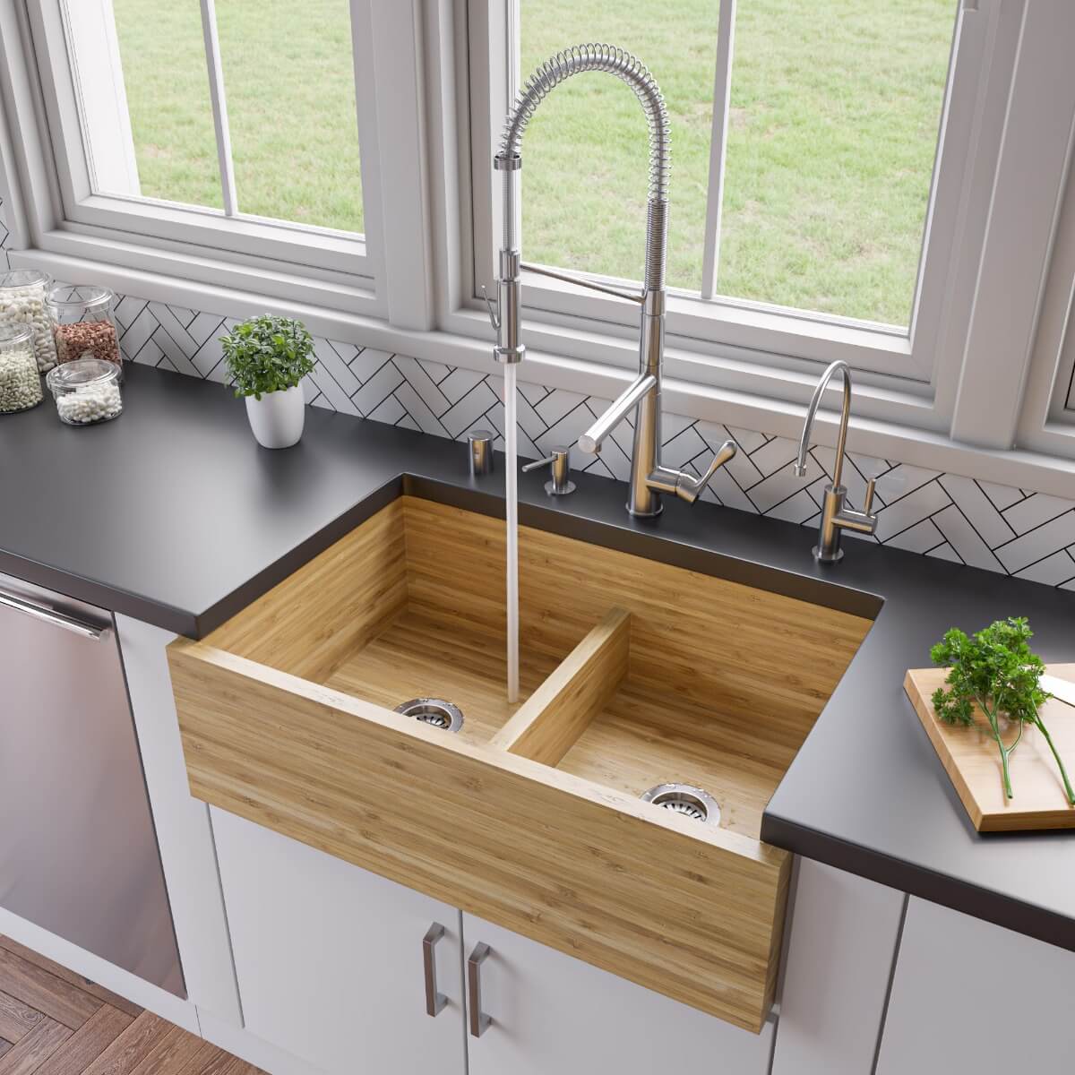 ALFI brand AB3321 33'' Double Bowl Apron Front Farm Bamboo Kitchen Sink view 1