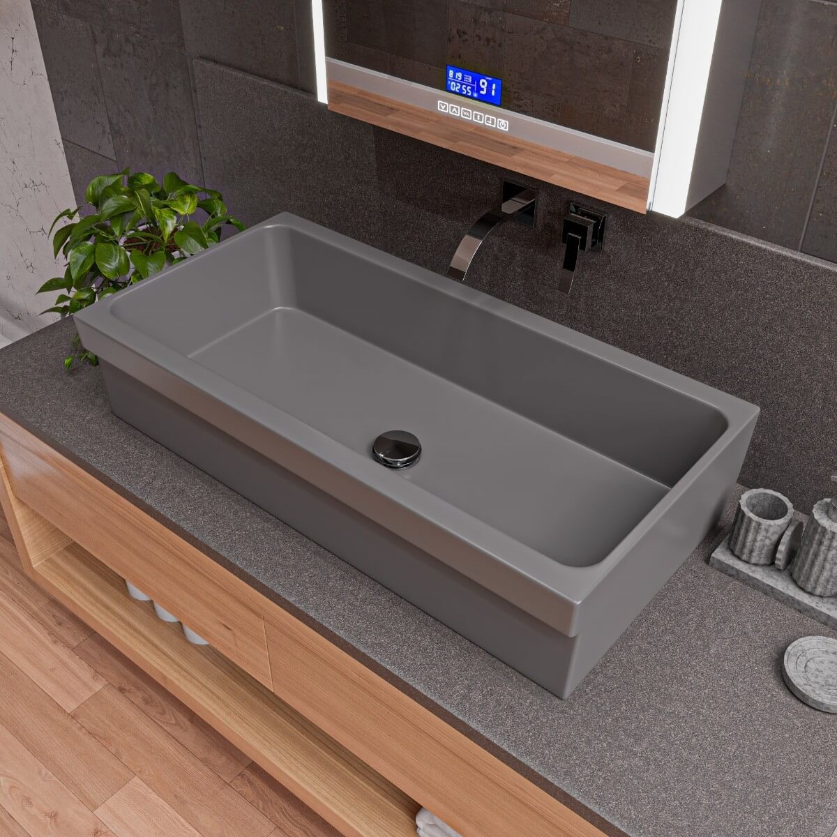 ALFI brand AB36TRGM 36" Grey Matte Above Mount Fireclay Bathroom Trough Sink view 1