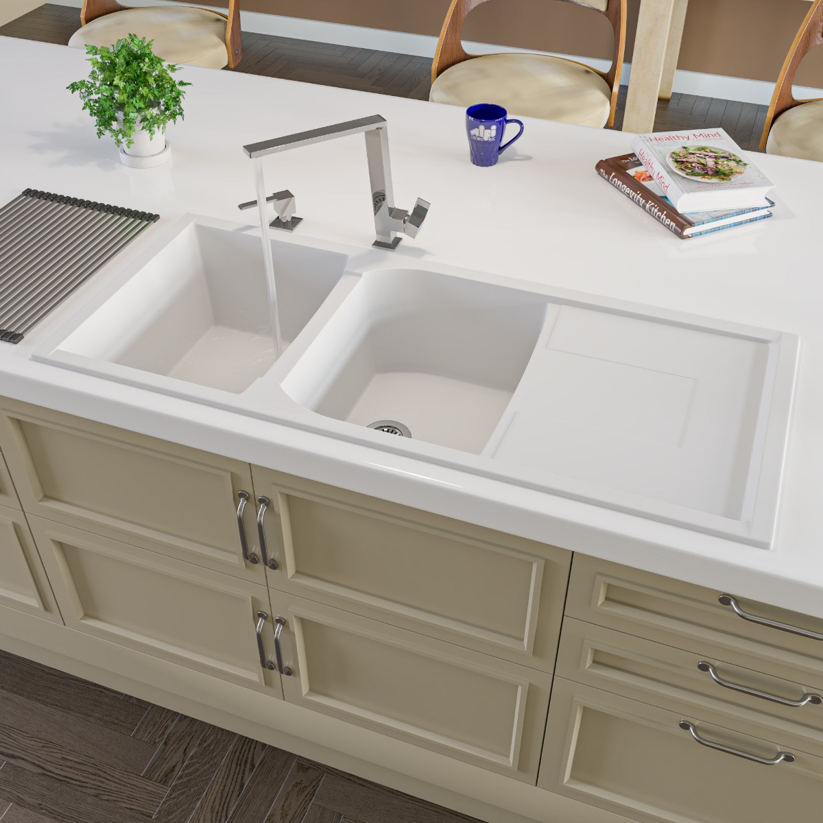 ALFI brand AB4620DI 46" Double Bowl Granite Composite Kitchen Sink with Drainboard view 1