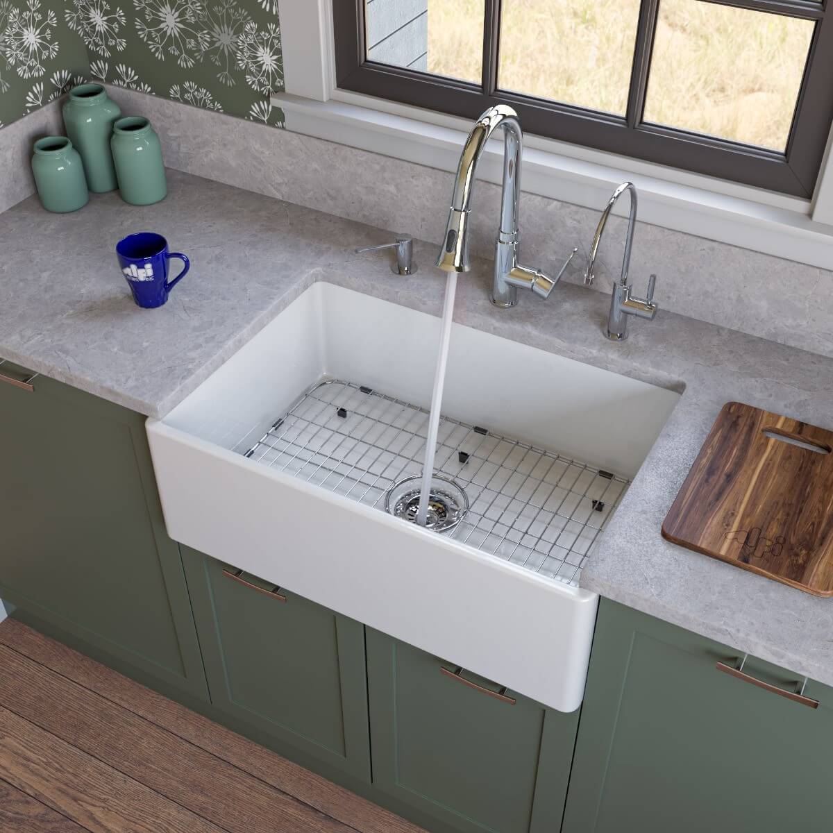 ALFI brand AB510 Single Bowl Smooth Panel Fireclay Farmhouse Kitchen Sink view 1