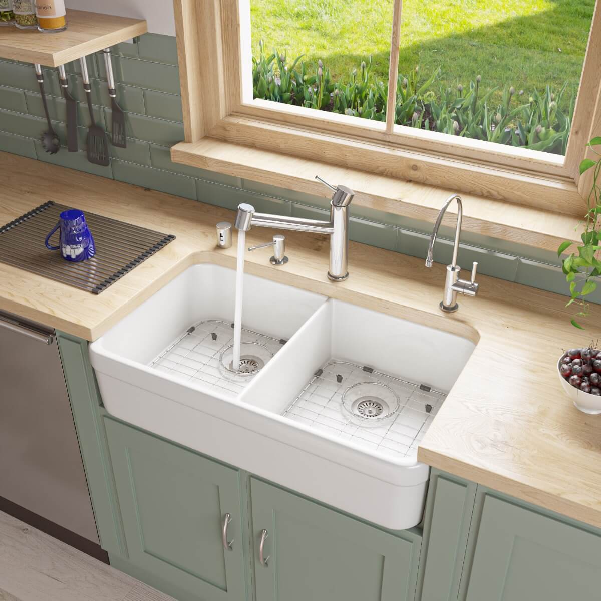 ALFI brand AB512 Double Bowl Fireclay 32'' Farmhouse Apron Kitchen Sink view 1