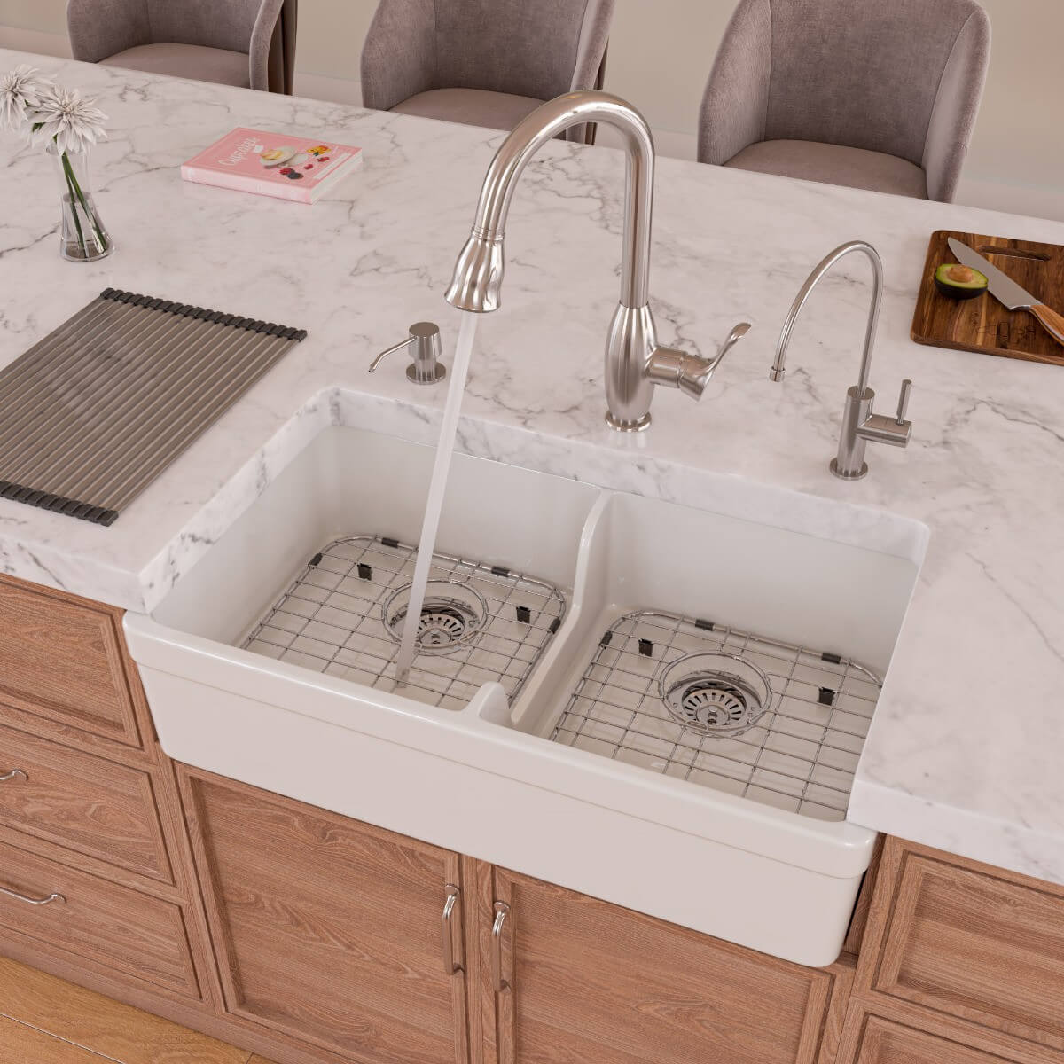ALFI brand AB5123 Double Bowl Fireclay Farmhouse Apron Front Kitchen Sink view 1