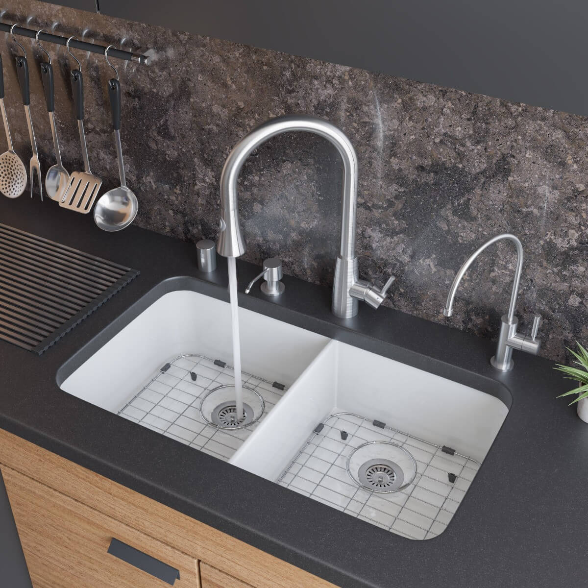 ALFI brand AB512UM 32 inch Double Bowl Fireclay Undermount Kitchen Sink view 1