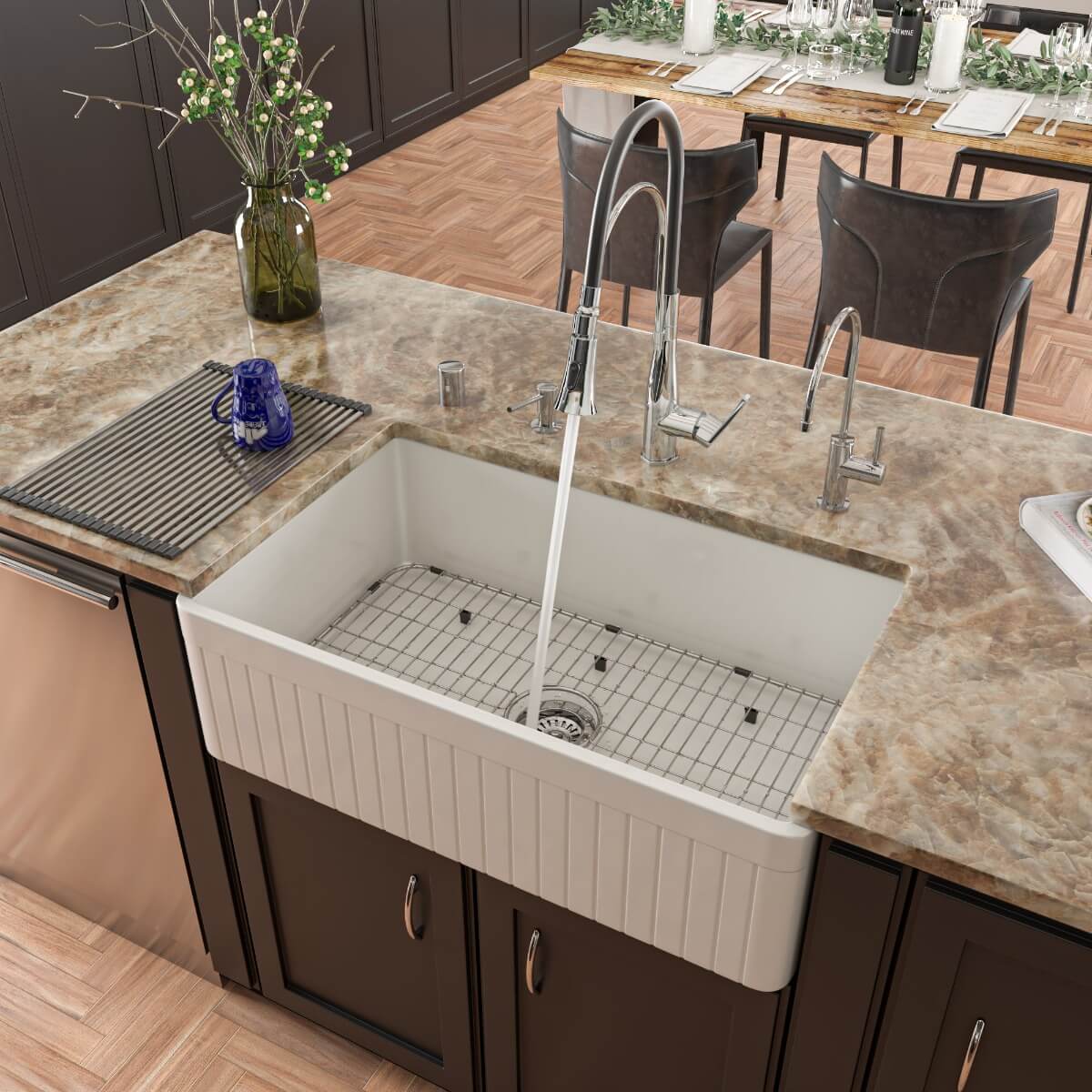 ALFI brand AB532 33 Inch Single Bowl Fluted Fireclay Farm Sink view 1