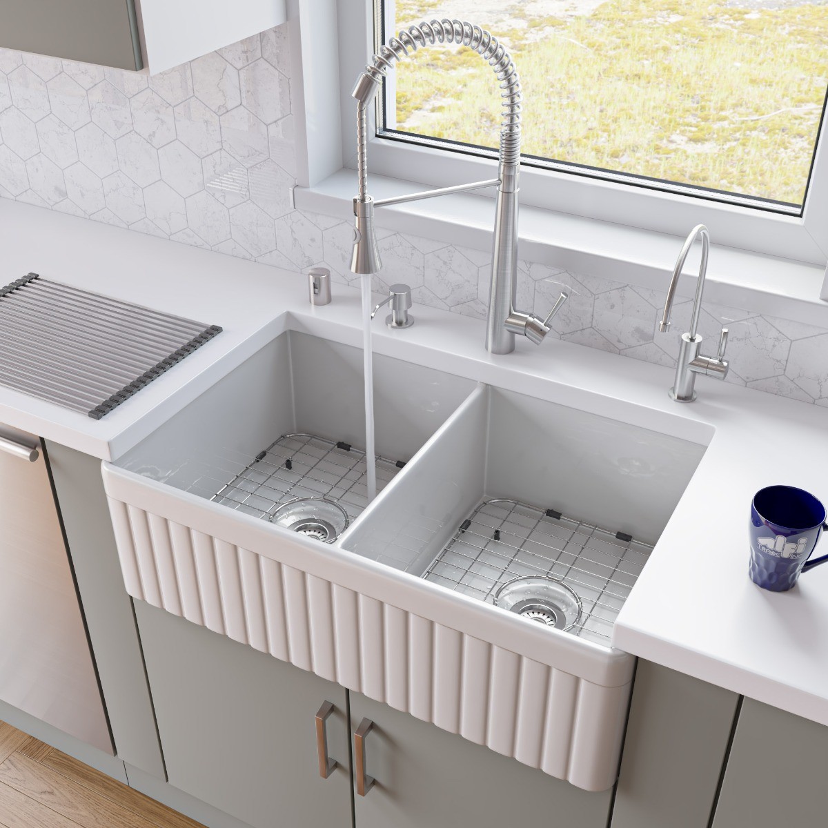 ALFI brand AB537 32" Fluted Double Bowl Fireclay Farmhouse Kitchen Sink view 1