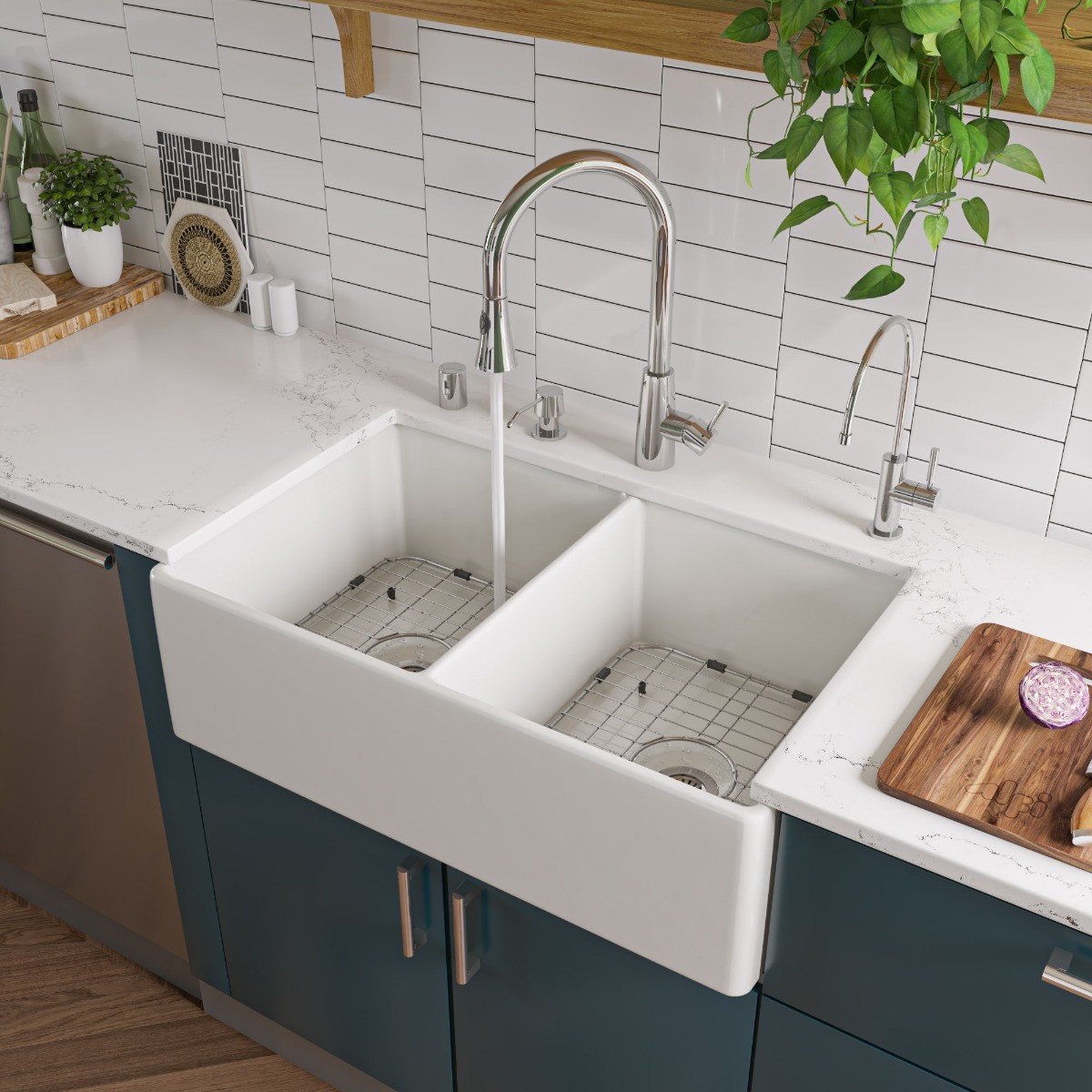 ALFI brand AB538 Double Bowl Smooth Fireclay Farmhouse Apron Kitchen Sink view 1