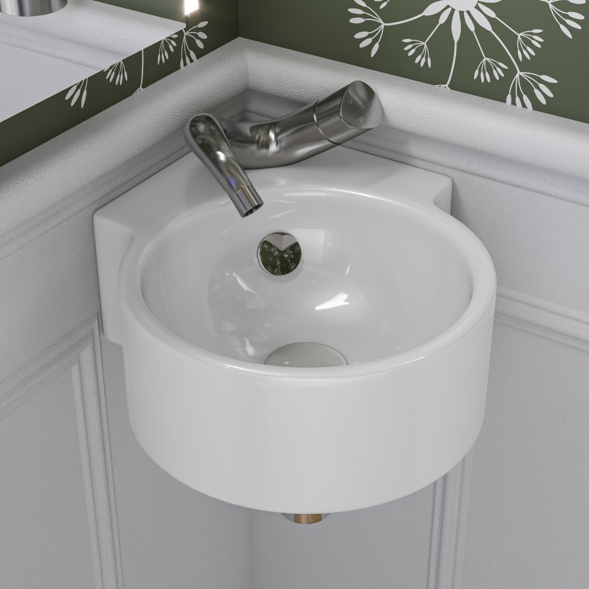 ALFI brand ABC121 White 17" Tiny Corner Wall Mounted Ceramic Sink with Faucet Hole view 1