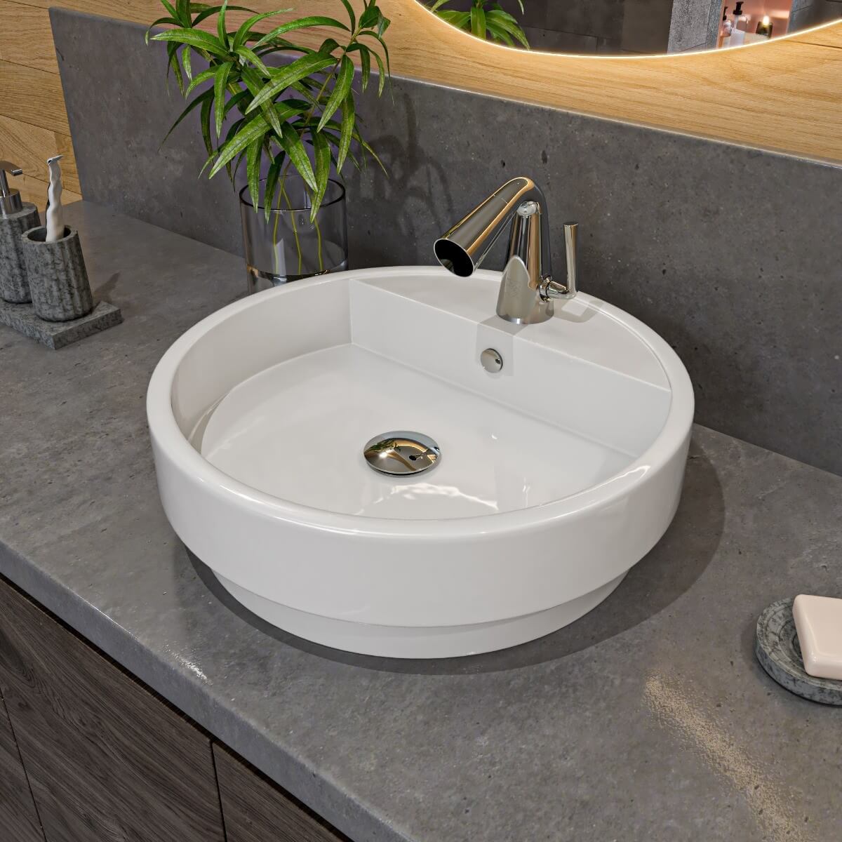 ALFI brand ABC702 White 19" Round Semi Recessed Ceramic Sink with Faucet Hole view 1