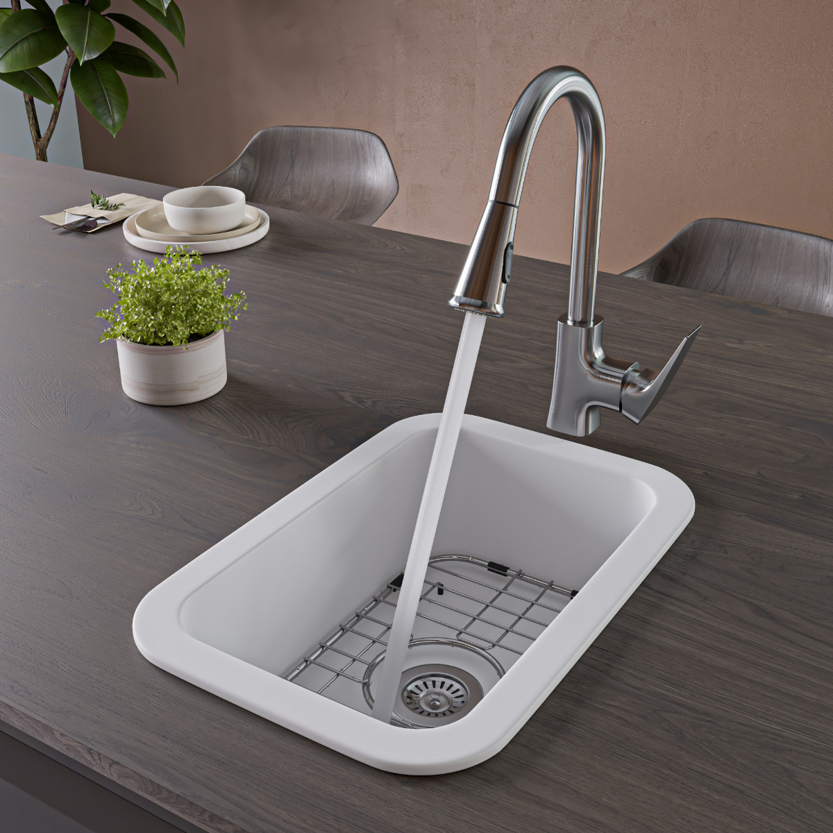 ALFI brand ABF1319UD Small 13"x19" Rectangle Fireclay Undermount or Drop In Prep Sink w Grid Included view 1