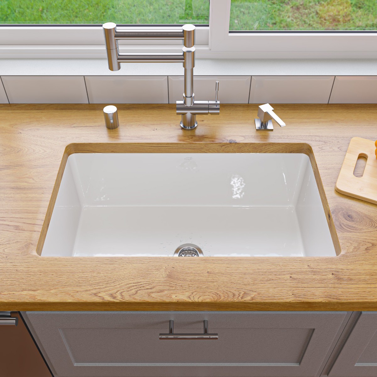 ALFI brand ABF3018UD-W White 30" x 18" Fireclay Undermount Fireclay Kitchen Sink view 1