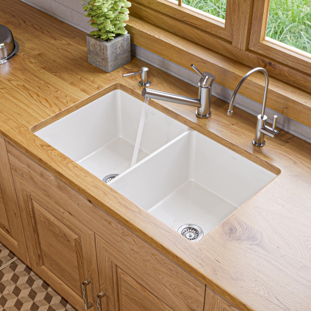 ALFI brand ABF3219DUD-W White 32" x 19" Double Bowl Fireclay Kitchen Sink /w Grid view 1
