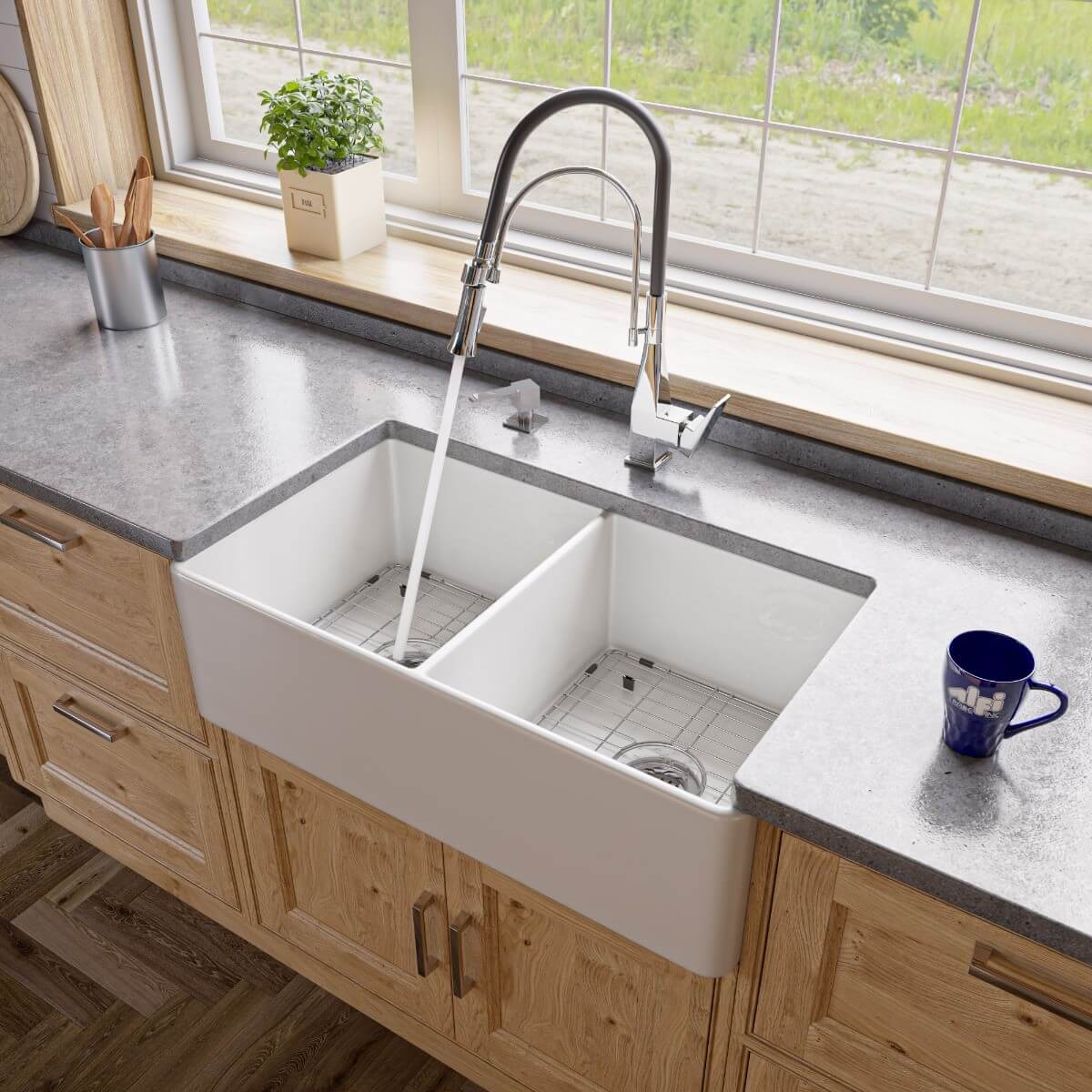 ALFI brand ABF3318D Smooth Apron 33" x 18" Double Bowl Fireclay Farm Sink view 1