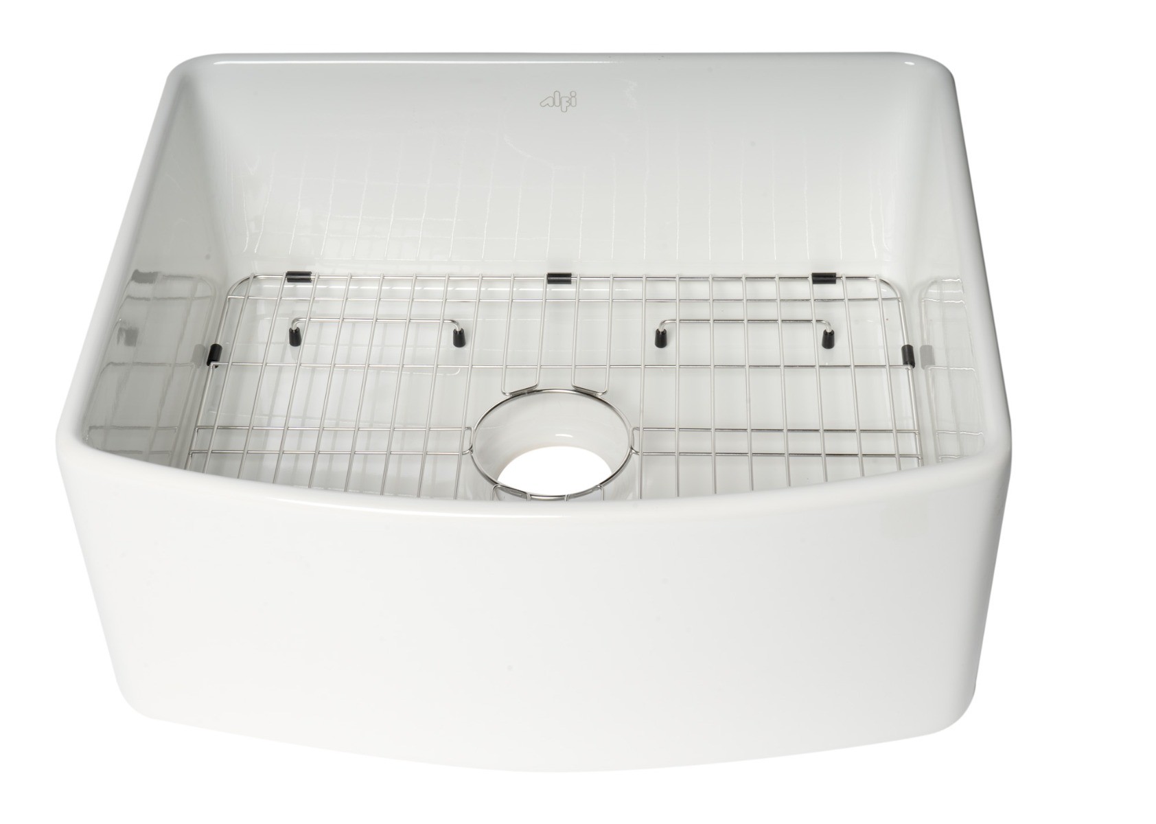 ALFI Brand ABFC2420-W White Smooth Curved Apron 24" x 20" Single Bowl Fireclay Farm Sink with Grid view 1