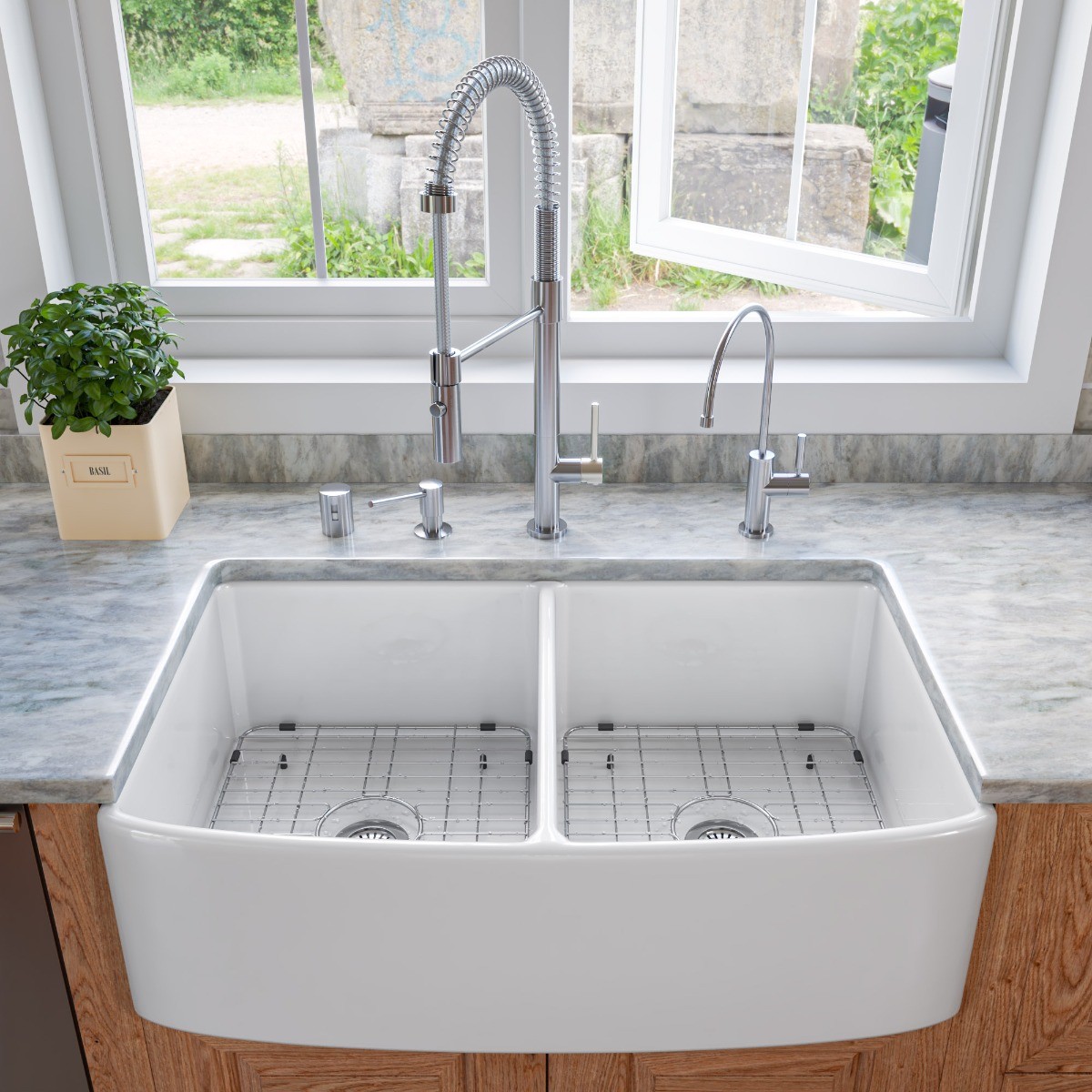 ALFI Brand ABFC3320D-W White Smooth Curved Apron 33" x 20" Double Bowl Fireclay Farm Sink with Grid view 1