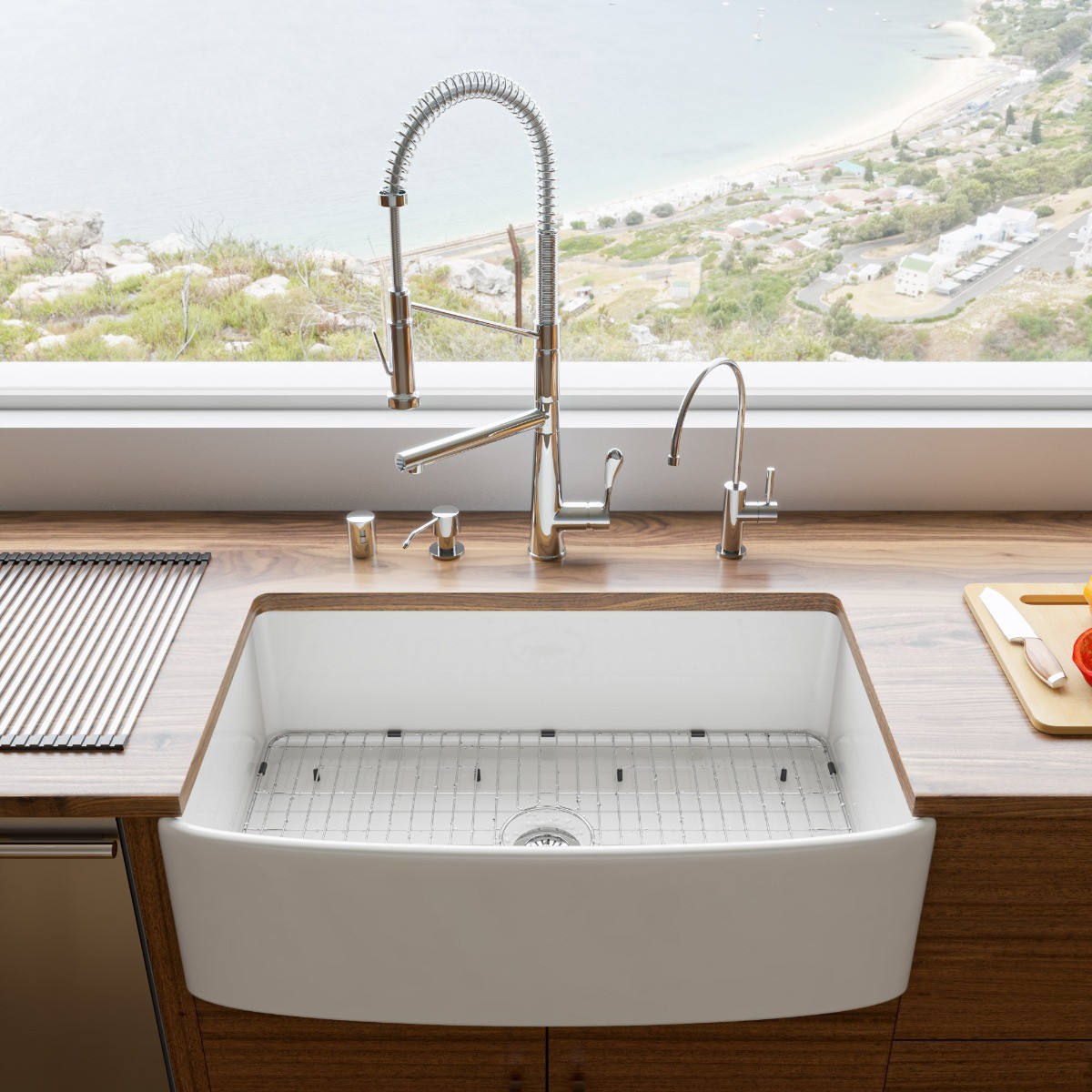 ALFI Brand ABFC3320S-W White Smooth Curved Apron 33" x 20" Single Bowl Fireclay Farm Sink with Grid view 1