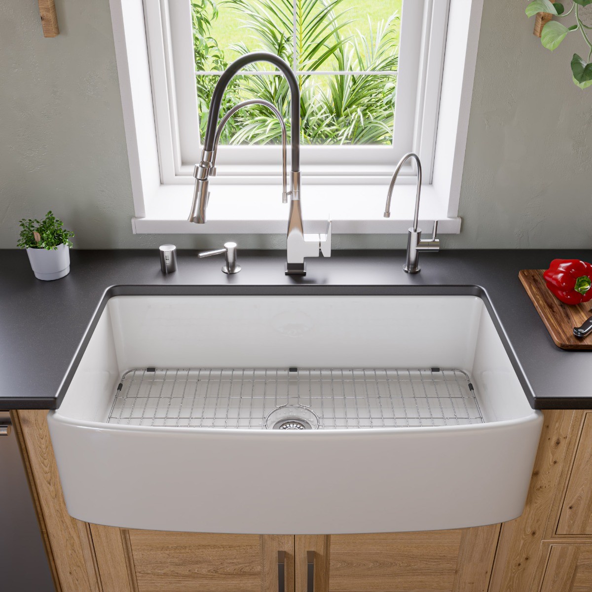 ALFI Brand ABFC3620S-W White Smooth Curved Apron 36" x 20" Single Bowl Fireclay Farm Sink view 1