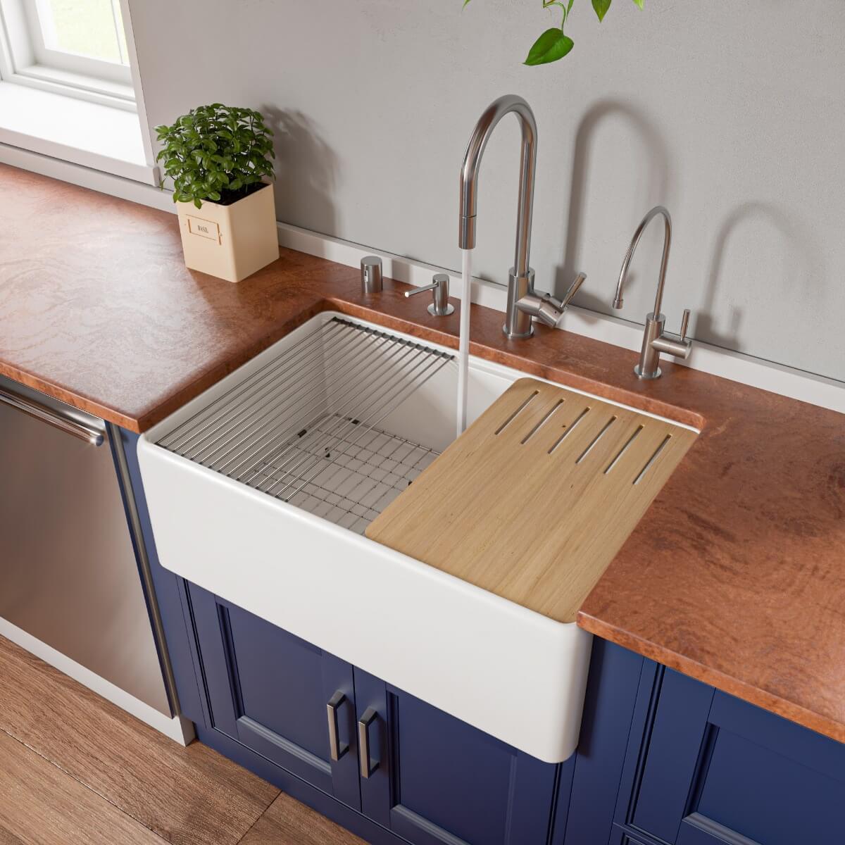 ALFI Brand ABFS3020 Smooth Apron Workstation Step Rim Fireclay Farm Sink with Accessories view 1