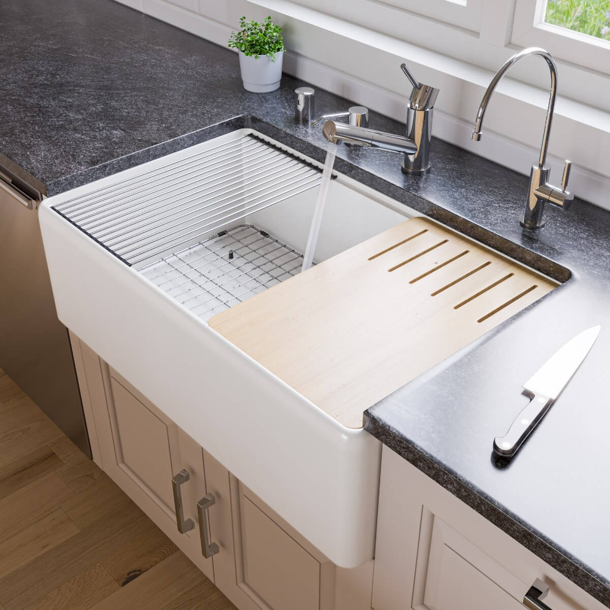 ALFI Brand ABFS3320S Smooth Apron Workstation Step Rim Fireclay Farm Sink with Accessories view 1