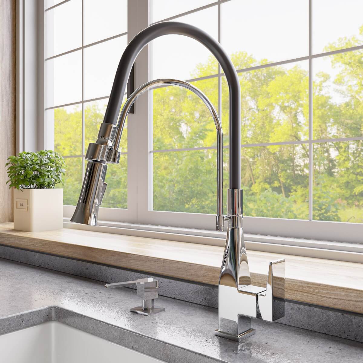 ALFI brand ABKF3023 Square Kitchen Faucet with Black Rubber Stem view 1