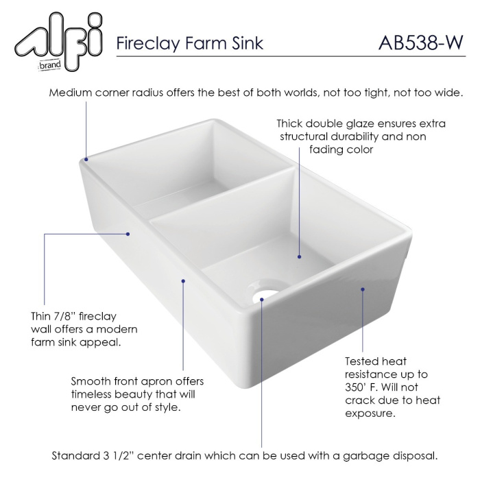 ALFI brand AB538 Double Bowl Smooth Fireclay Farmhouse Apron