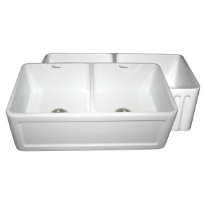 White Whitehaus WHFLCON3318 Fluted / Concave Double Bowl Fireclay Farm Sink