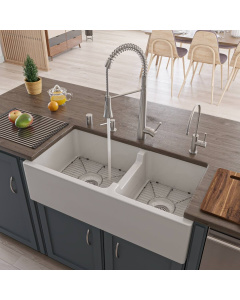 ALFI brand AB3618DB-W White Smooth Thick Wall Fireclay Two Bowl Farm Sink