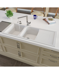 ALFI brand AB4620DI-W White 46" Double Bowl Granite Composite Kitchen Sink with Drainboard