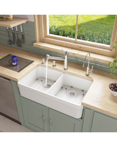 ALFI brand AB512-W White 32" Double Bowl Lip Apron Fireclay Farmhouse Kitchen Sink