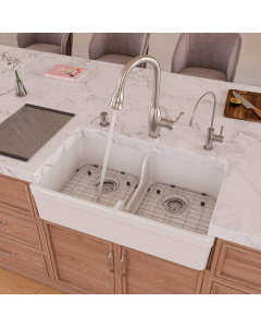 ALFI brand AB5123-W Double Bowl Fireclay Apron Front Kitchen Sink In White