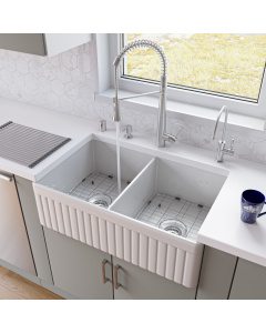 ALFI brand AB537-W White 32" Fluted Double Bowl Fireclay Farmhouse Kitchen Sink