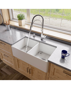 ALFI brand ABF3318D Smooth Apron 33" x 18" Double Bowl Fireclay Farm Sink