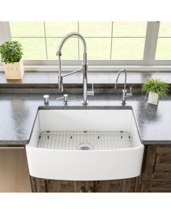 ALFI Brand ABFC3020-W White Smooth Curved Apron 30" x 20" Single Bowl Fireclay Farm Sink with Grid