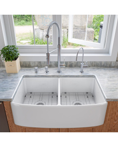 ALFI Brand ABFC3320D-W White Smooth Curved Apron 33" x 20" Double Bowl Fireclay Farm Sink with Grid