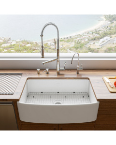 ALFI Brand ABFC3320S-W White Smooth Curved Apron 33" x 20" Single Bowl Fireclay Farm Sink with Grid