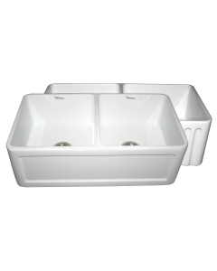White Whitehaus WHFLCON3318 Fluted / Concave Double Bowl Fireclay Farm Sink