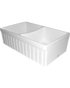 White Whitehaus WHQDB332 Double Bowl Fireclay 33'' Fluted Farmhouse Sink