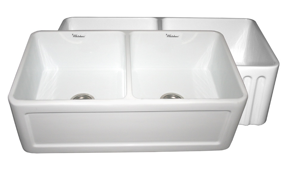 Whitehaus WHFLCON3318 Fluted or Concave Double Bowl Fireclay Farm Sink view 1