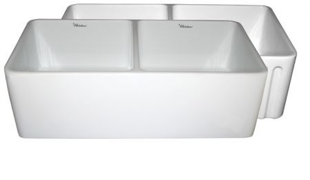 Whitehaus WHFLPLN3318 Double Bowl Fluted & Plain Fireclay Farm Sink view 2