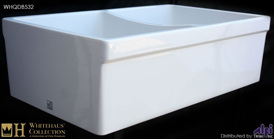Whitehaus WHQDB532 Double Bowl Fireclay 33'' Farmhouse Apron Kitchen Sink view 2