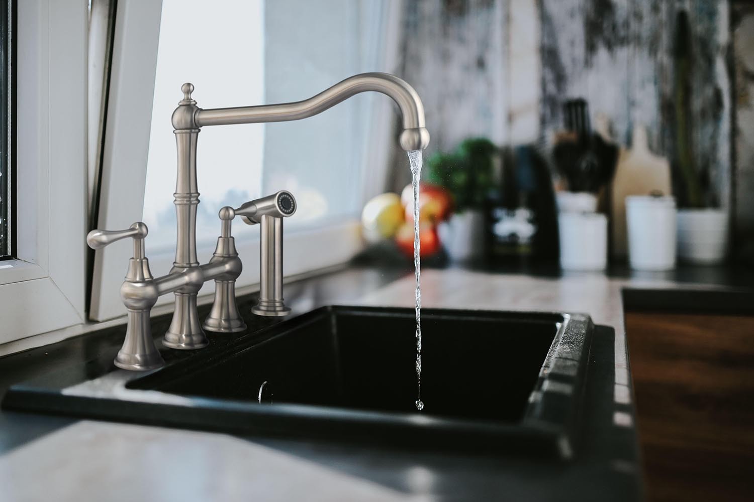 Whitehaus WHSB14007-SK-BSS Waterhaus S. Steel Bridge Faucet w/ Side Spray view 1