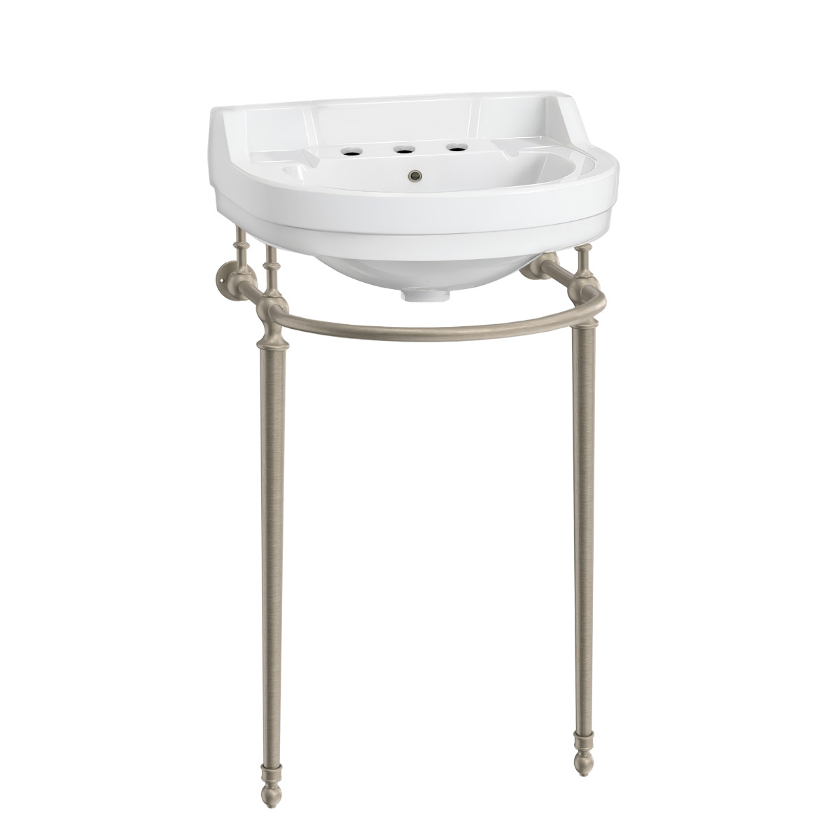 Whitehaus WHV022-L32-3H-BN 22" Console Sink w/ Semi Circular Bowl Brass Legs Overflow Towel Bar view 1
